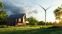 Modern eco-friendly house with solar panels and wind turbine in green field at sunset. Sustainable living concept with renewable energy sources in rural setting.