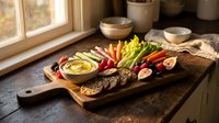 Wooden charcuterie board with assorted meats, cheese, vegetables and dip arranged on rustic kitchen counter near window for entertaining and appetizers.
