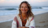 Mature woman with wavy hair smiling at sunset on beach, wearing bohemian style clothing with layered necklaces and earrings, radiating joy and serenity.