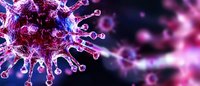 Microscopic view of virus cell structure in purple and blue neon colors against dark background, showing detailed spikes and molecular composition. For medical education.