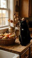 Black cat sitting beside wicker basket filled with apples and pumpkins on wooden table near window with dried autumn foliage in vases, warm rustic home decor.