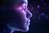 Profile silhouette made of glowing purple and blue particles against dark background with bokeh lights, representing artificial intelligence and digital transformation.