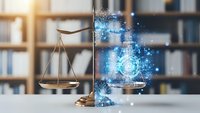 Digital transformation in legal services with glowing scales of justice and network connections in modern law office for technology integration concepts.