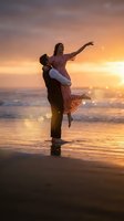 Romantic couple dancing on beach at golden sunset with warm ocean waves and dreamy bokeh lights creating magical atmosphere for love and relationship concepts.