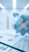 Broken piggy bank with bandage on financial documents representing economic recovery and budget repair strategies for business planning.