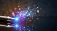 Fiber optic cables emitting bright light with connected network nodes and glowing bokeh effects on dark background for technology and communication concepts.