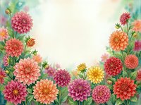 Watercolor dahlia flowers frame with copy space, colorful blooms in pink, orange, yellow and red tones on soft background.