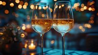 Two glasses of chilled white wine with golden bokeh lights in background creating romantic ambiance, candlelit setting for special celebration or date night.