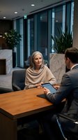 Middle-aged Caucasian woman in business casual attire meeting with male colleague at wooden table in modern office lobby. Professional consultation, interview or corporate discussion scene.