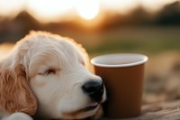 Golden Retriever puppy resting next to brown coffee cup during sunset, warm backlit scene with shallow depth of field creating dreamy atmosphere.