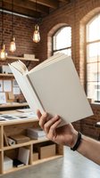 Person holding open blank book in modern loft workspace with exposed brick, pendant lights, and arched windows, suitable for education and publishing concepts.