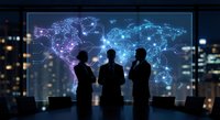 Business professionals analyzing global network connections on digital world map display in modern office environment for strategic planning.