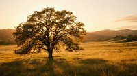 Majestic oak tree stands alone in golden grassland during warm sunset light with rolling hills creating peaceful countryside landscape scene.