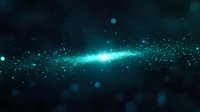 Glowing turquoise particles and light streaks create magical cosmic atmosphere against dark background, floating bokeh effects add depth and mystery. Suitable for space themes.