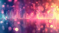Dreamy abstract background with glowing bokeh lights in pink, purple and orange gradient colors reflecting on glossy surface creating magical atmosphere.