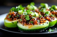 Asian-inspired cucumber boats filled with seasoned ground meat, garnished with fresh herbs, green onions and black sesame seeds on dark plate. Appetizer serving.