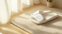 White cozy home slippers on bamboo mat with morning sunlight and shadow stripes creating minimalist composition. Natural light through curtains.