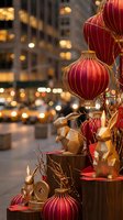 Red Chinese lanterns and golden decorations illuminate urban street during festive celebration with warm bokeh lights creating magical atmosphere.