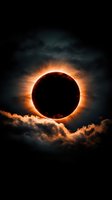 Dramatic total solar eclipse with glowing corona ring against dark cloudy sky, orange sunlight creating ethereal atmosphere during astronomical phenomenon.