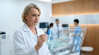 Middle-aged Caucasian female doctor in white coat analyzing digital patient safety data on futuristic holographic interface in modern medical facility.