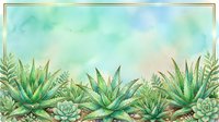 Watercolor succulent garden border with aloe vera and cacti plants on soft blue green background for botanical design projects and natural decor elements.