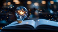 Glowing light bulb floating over open book with magical sparkles and bokeh lights in dark background, concept of knowledge and inspiration.