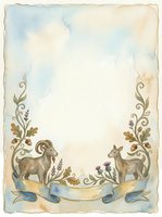 Vintage watercolor frame with two goats, ornamental botanical scrolls, and blank ribbon banner on aged parchment background. Suitable for invitations, certificates, and decorative design projects.