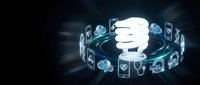 Digital healthcare technology concept with medical icons floating around glowing lightbulb on dark background for innovation presentations.