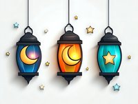 Colorful Arabic lanterns with moon and star designs hanging against white background, decorated with small stars for Ramadan and Eid celebrations.