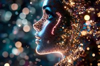 Glowing profile silhouette with sparkles and bokeh lights creating magical atmosphere against dark background, neon blue and pink illumination effects.