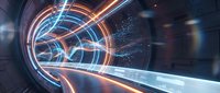 Glowing neon tunnel with swirling light trails and digital particles, creating a futuristic motion effect for technology and sci-fi backgrounds.