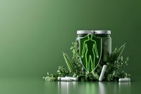 Green aluminum can with glowing female silhouette and shield icon surrounded by fresh ferns and pills on reflective surface against green background.