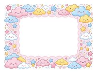Cute kawaii cloud border frame with smiling faces, pastel colors, stars and hearts, isolated on white, ready for design use.
