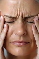 Close-up of woman with closed eyes massaging temples, showing signs of headache, stress, and tension. Facial expression depicts pain and discomfort.
