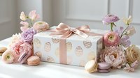 Elegant gift box with pink ribbon surrounded by pastel flowers and macarons on white background for special occasions and celebrations.