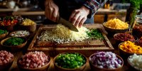 Chef preparing ingredients for cooking, chopping cheese on wooden board surrounded by colorful bowls of vegetables, herbs, and garnishes in rustic kitchen setting.
