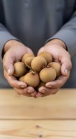 Male farmer with medium skin tone holding fresh longan fruits in cupped hands over wooden surface, wearing gray shirt. Suitable for agriculture, organic produce, farming, and food industry marketing.