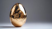 Luxurious golden egg with abstract textured surface pattern on gray background. Metallic decorative object reflects light creating dramatic shadows.