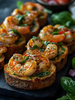 Grilled shrimp bruschetta with fresh herbs and sesame seeds on toasted bread slices, garnished with spinach leaves, served on dark stone surface.