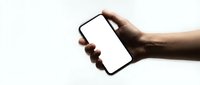 Hand holding smartphone with blank white screen mockup isolated on white background for app presentation and mobile technology display.