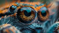 Extreme close-up of jumping spider eyes with heart-shaped pupil, showing intricate details of amber iris and blue-teal fur in macro photography.