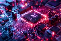 Glowing AI processor chip on circuit board with pink and purple neon lights. High-tech semiconductor technology for artificial intelligence computing applications.