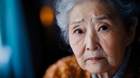 Elderly Asian woman with gray hair looking thoughtful and concerned in soft indoor lighting with warm background bokeh.