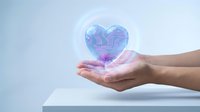 Hands holding glowing holographic heart with digital circuit patterns symbolizing love for technology and innovation in healthcare and AI development.