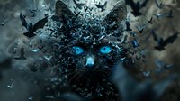 Mystical black cat with glowing blue eyes dissolving into flying butterflies against dark background, creating magical fantasy atmosphere for book covers and posters.