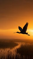 Majestic heron silhouette soaring over tranquil wetland marsh during golden hour sunrise, wings spread wide against vibrant orange sky for nature photography.