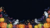 Halloween night border with jack-o-lanterns, ghosts, bats, and moon stars on dark background. Isolated design element for seasonal greeting cards, invitations, and festive decorations.