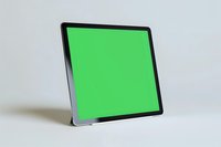 Modern tablet device with bright green screen display on white background, mockup for digital presentation and app interface design projects.