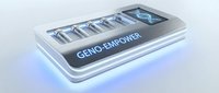 Futuristic genetic engineering device with illuminated DNA strands and geno-empower interface for biotechnology, science research, and medical innovation concepts.