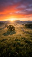 Dramatic sunrise over misty rural valley with golden meadow, scattered trees, and mountains silhouetted against vibrant orange and purple sky. Perfect for nature, landscape, and travel projects.